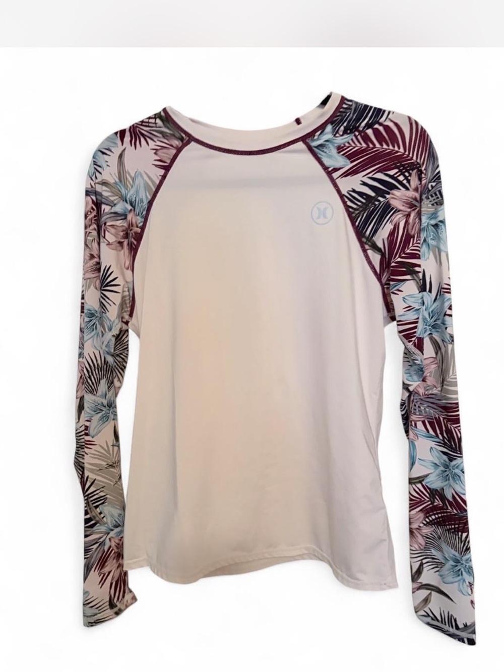 Hurley Cream Long-Sleeve Rash Guard with Floral Raglan Sleeves